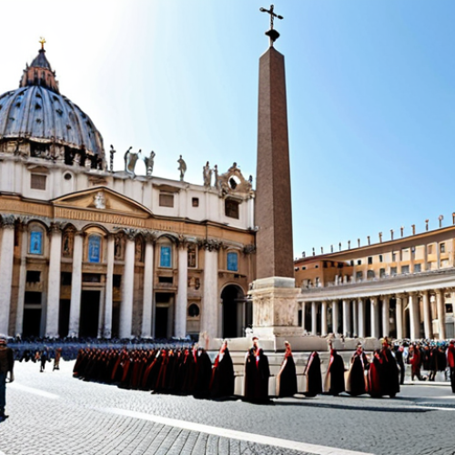 Home 19 **
Prompt: Majestic St. Peter's Square, bustling with tourists and pilgrims, showcasing the seamless blend of Italian and Vatican City architecture. Capture the grandeur of Bernini's colonnade and the obelisk at the center, with a subtle hint of Swiss Guards in their traditional uniforms in the background. Focus on the vibrant atmosphere and the flow of people between the two sovereignties. Use a bright, sunny day aesthetic to emphasize the lively energy.
**