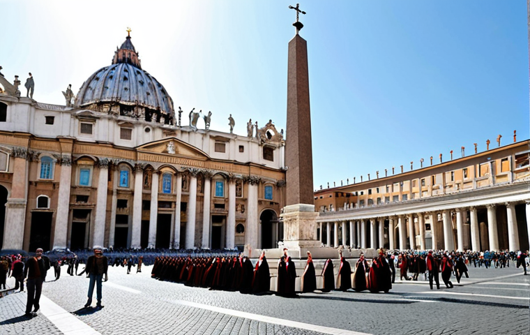 **
Prompt: Majestic St. Peter's Square, bustling with tourists and pilgrims, showcasing the seamless blend of Italian and Vatican City architecture. Capture the grandeur of Bernini's colonnade and the obelisk at the center, with a subtle hint of Swiss Guards in their traditional uniforms in the background. Focus on the vibrant atmosphere and the flow of people between the two sovereignties. Use a bright, sunny day aesthetic to emphasize the lively energy.
**