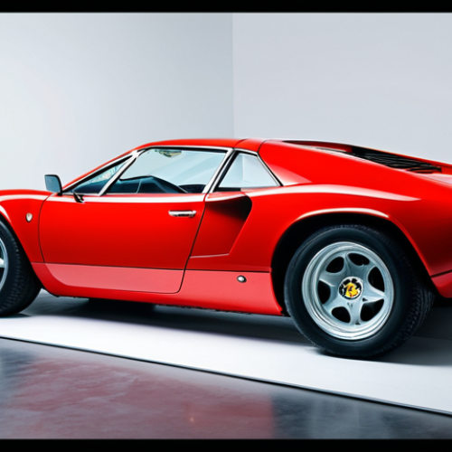 Home 18 A stunning Lamborghini Miura, finished in a deep vibrant red, parked centrally in a pristine, bright Italian automotive design studio. The car exhibits perfect proportions, elegant lines, and a sculptural form. Soft, natural light illuminates its flawless exterior. In the background, a professional designer, fully clothed in a modest business casual outfit, is meticulously reviewing blueprints on a large screen, displaying a natural pose and well-formed hands. The scene emphasizes artisanal details and the beauty of automotive craftsmanship. Professional studio photography, high quality, safe for work, appropriate content, fully clothed, family-friendly, correct proportions, perfect anatomy.