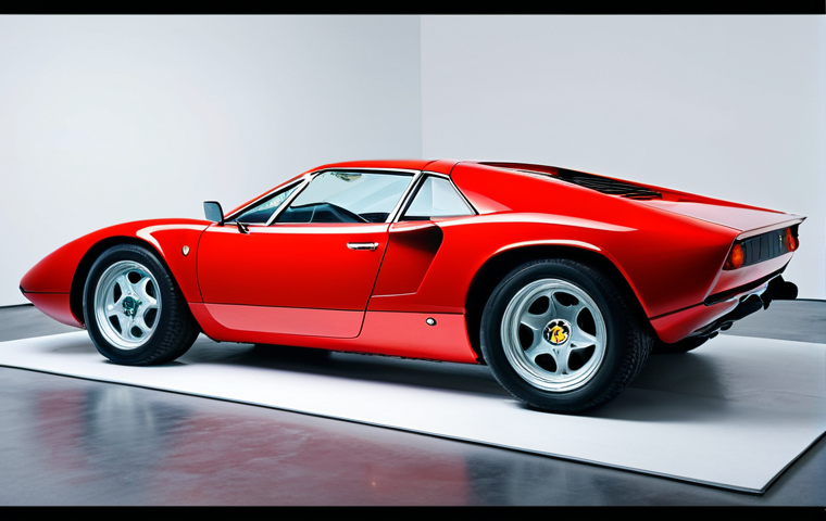 A stunning Lamborghini Miura, finished in a deep vibrant red, parked centrally in a pristine, bright Italian automotive design studio. The car exhibits perfect proportions, elegant lines, and a sculptural form. Soft, natural light illuminates its flawless exterior. In the background, a professional designer, fully clothed in a modest business casual outfit, is meticulously reviewing blueprints on a large screen, displaying a natural pose and well-formed hands. The scene emphasizes artisanal details and the beauty of automotive craftsmanship. Professional studio photography, high quality, safe for work, appropriate content, fully clothed, family-friendly, correct proportions, perfect anatomy.