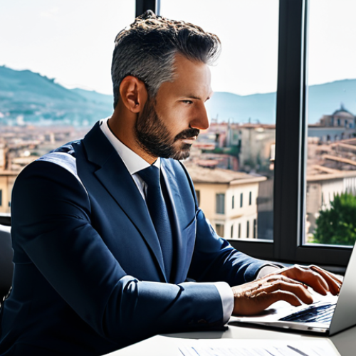 Home 17 A professional Italian businessperson, mid-career, seated thoughtfully at a sleek, modern desk in a sunlit, contemporary office. They are fully clothed in a modest, professional business suit, reviewing digital documents on a laptop, with a vibrant Italian cityscape visible through the window. The scene captures the essence of a stable career path in Italy, emphasizing the structured yet evolving nature of employment. perfect anatomy, correct proportions, natural pose, well-formed hands, proper finger count, natural body proportions, professional photography, high quality, safe for work, appropriate content, fully clothed, professional.