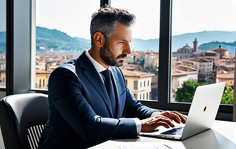 A professional Italian businessperson, mid-career, seated thoughtfully at a sleek, modern desk in a sunlit, contemporary office. They are fully clothed in a modest, professional business suit, reviewing digital documents on a laptop, with a vibrant Italian cityscape visible through the window. The scene captures the essence of a stable career path in Italy, emphasizing the structured yet evolving nature of employment. perfect anatomy, correct proportions, natural pose, well-formed hands, proper finger count, natural body proportions, professional photography, high quality, safe for work, appropriate content, fully clothed, professional.