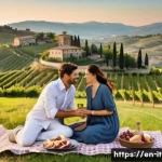 Home 14 이탈리아 와인 종류 및 추천 - **Prompt:** A picturesque aerial view of rolling Tuscan vineyards at sunset, bathed in golden light....