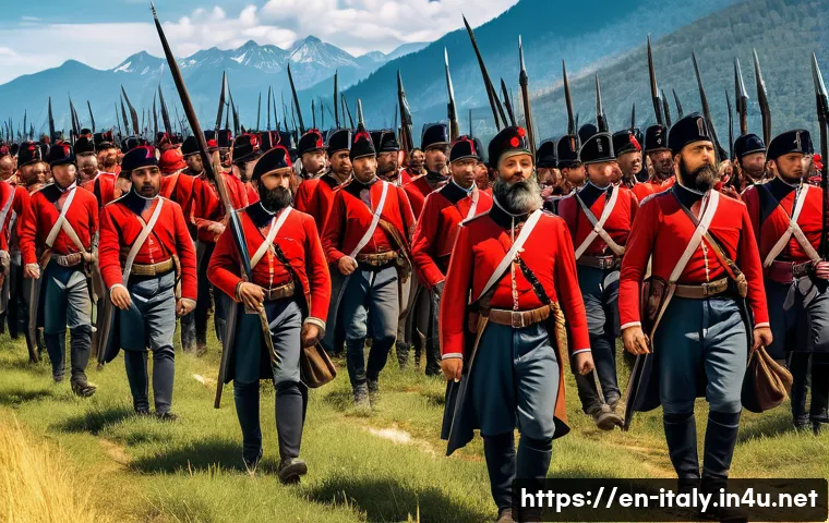 이탈리아 왕국의 성립 - A vivid historical scene depicting Giuseppe Garibaldi leading his volunteer army, the Red Shirts, du...