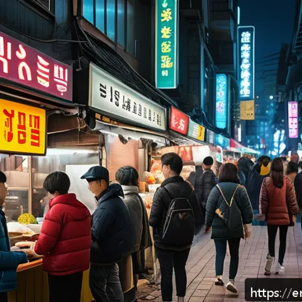 이탈리아와 한국 여행 스타일 차이 - A vibrant urban street scene in Seoul at night, filled with glowing neon signs in Korean characters,...
