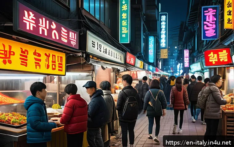 이탈리아와 한국 여행 스타일 차이 - A vibrant urban street scene in Seoul at night, filled with glowing neon signs in Korean characters,...