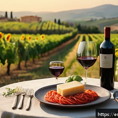 Home 33 이탈리아 와인과 음식 페어링 - A rustic Italian dining scene featuring a wooden table set outdoors in a Tuscan vineyard during gold...
