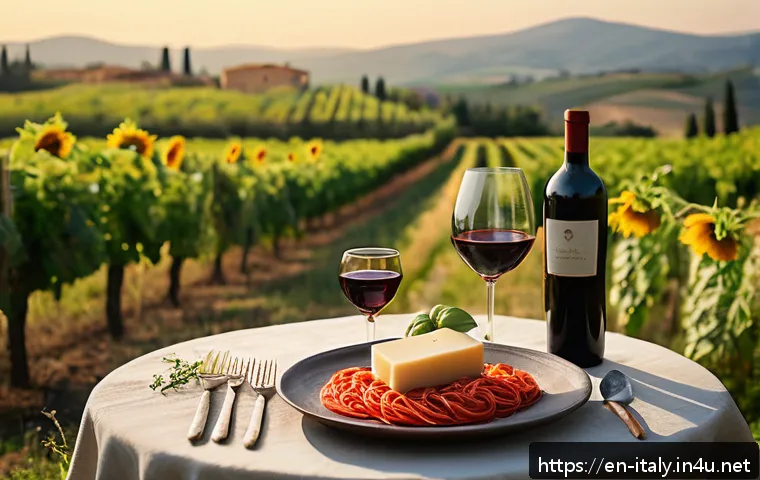 이탈리아 와인과 음식 페어링 - A rustic Italian dining scene featuring a wooden table set outdoors in a Tuscan vineyard during gold...