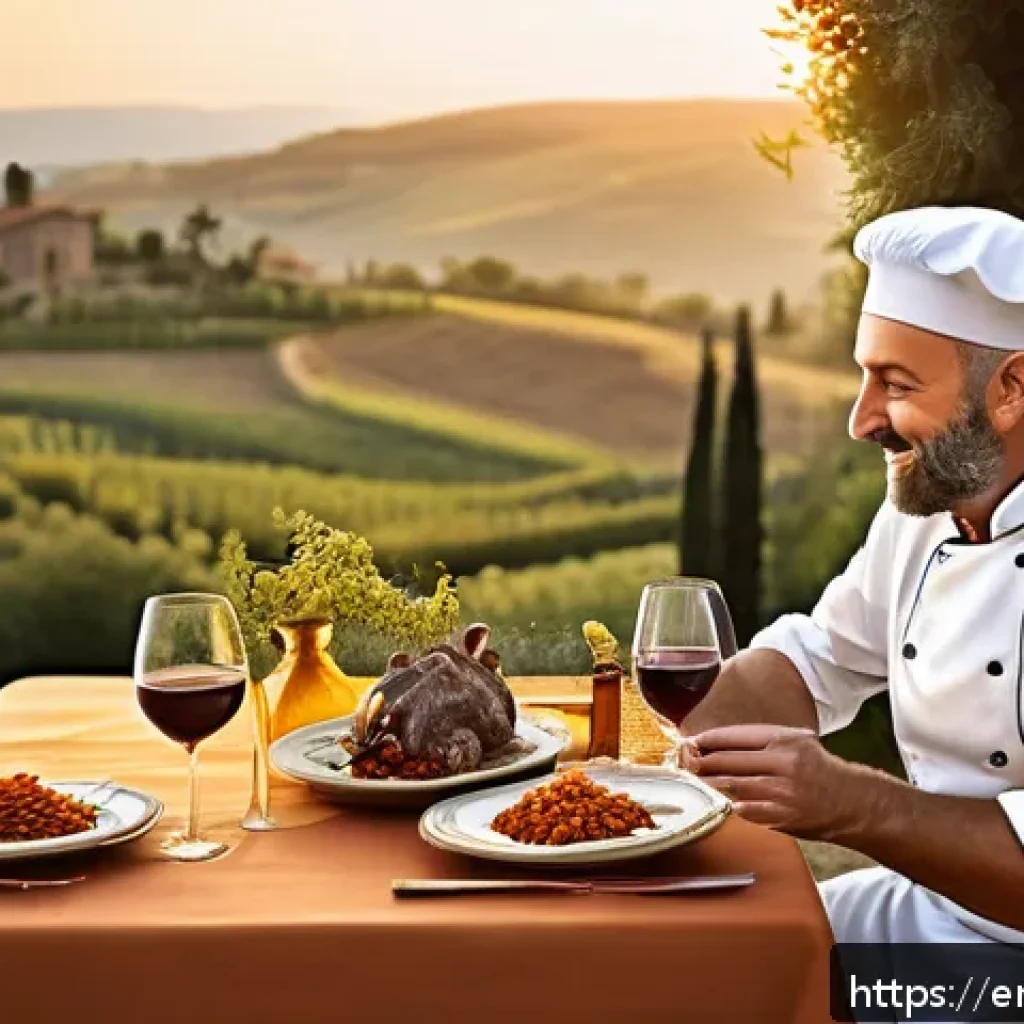 미슐랭 가이드 이탈리아 레스토랑 - A rustic Tuscan countryside villa dining scene during golden hour, featuring an intimate outdoor tab...