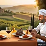 Home 20 미슐랭 가이드 이탈리아 레스토랑 - A rustic Tuscan countryside villa dining scene during golden hour, featuring an intimate outdoor tab...