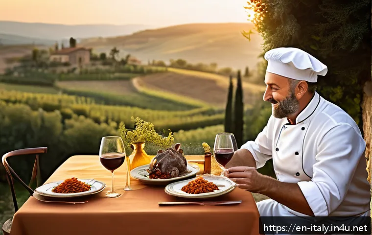 미슐랭 가이드 이탈리아 레스토랑 - A rustic Tuscan countryside villa dining scene during golden hour, featuring an intimate outdoor tab...