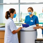 Home 19 이탈리아 의료 시스템 이해하기 - A modern Italian regional healthcare clinic interior, showing a friendly receptionist assisting a di...