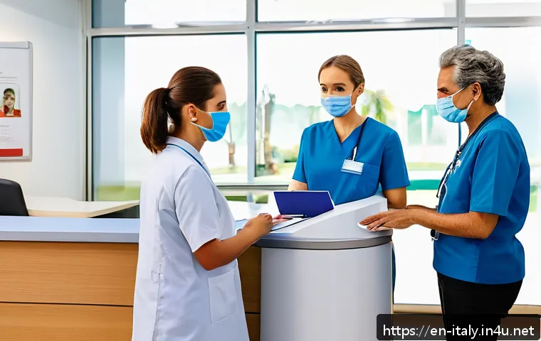 이탈리아 의료 시스템 이해하기 - A modern Italian regional healthcare clinic interior, showing a friendly receptionist assisting a di...