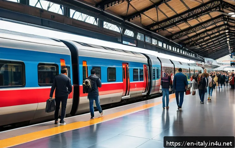 이탈리아 유레일 패스 활용법 - A vibrant, bustling Italian train station during the day featuring modern high-speed trains like Fre...