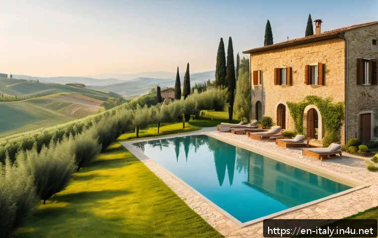 이탈리아 집값과 부동산 시장 - A spacious Italian countryside villa in Tuscany surrounded by rolling green hills and cypress trees,...